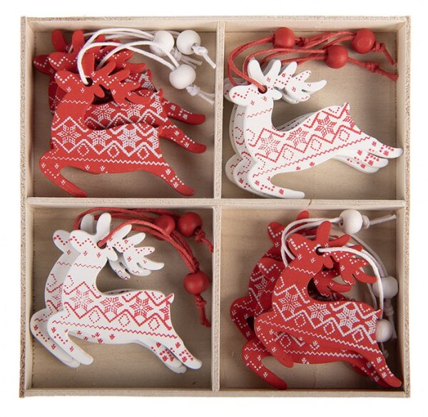 Sada 12 červených dřevěných vánočních ozdob sob – 13x13 cm