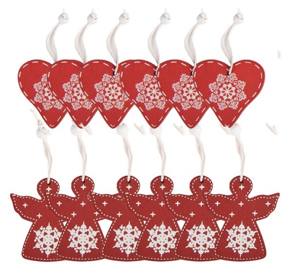 Sada 12 červených dřevěných vánočních ozdob srdce – 13x13 cm