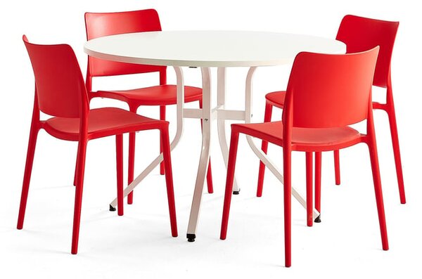 AJ Produkty Sestava Various + Rio, 1 stůl a 4 červené židle