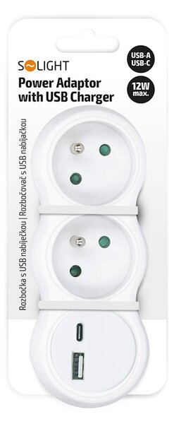 SOLIGHT Rozbočka s USB A+C nabíječkou, 2 x 10A, bílá
