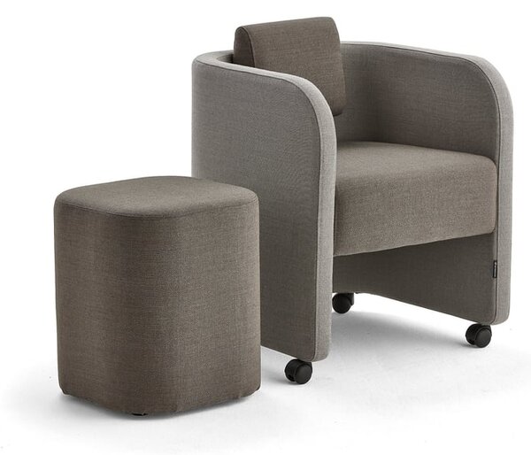 AJ Produkty Nábytková sestava COMFY, křeslo a taburet, s kolečky, vlněný potah, písková/hnědá