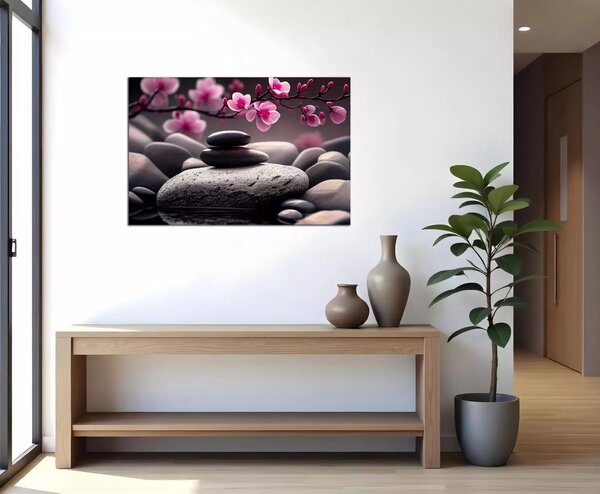 Obraz na plátně Růžové květy a zen kameny