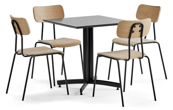 AJ Produkty Jídelní set SANNA + RENO, stůl 700x700 mm, černá + 4 židle, jasan
