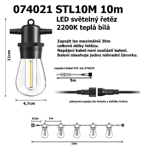 T-LED LED světelný řetěz STL10M 10m, 10xE27, IP65