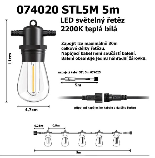 T-LED LED světelný řetěz STL5M 5m, 10xE27, IP65