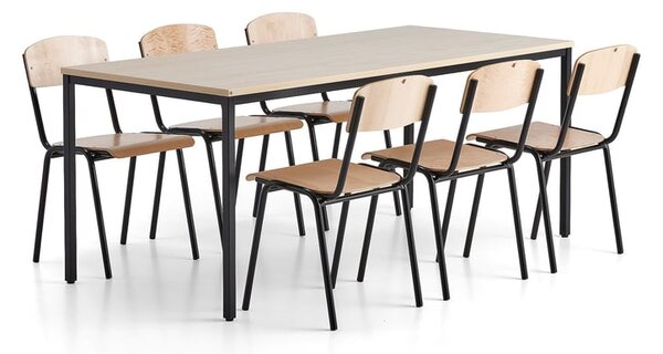 AJ Produkty Jídelní set JAMIE + WILSON, 1 stůl 1800x800 mm, 6 židlí, bříza/černá