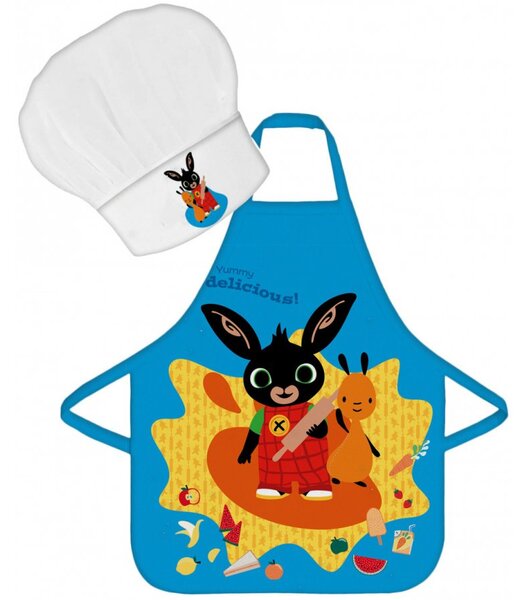 Dětská / chlapecká zástěra s kuchařskou čepicí Zajíček Bing - motiv Yummy delicious! - 2 díly