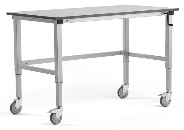 AJ Produkty Mobilní pracovní stůl MOTION, manuálně nastavitelná výška, 1500x800 mm, 150 kg, šedá
