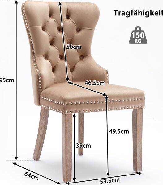 Flieks Jídelní židle sada 4 kusů, kuchyňská židle s nohami z masivního dřeva a kroužkem na vytahování, čalouněné židle Jídelní židle se sametovým potahem, hnědá barva