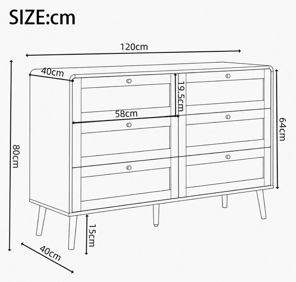 Komoda Flieks se 6 zásuvkami, příborník/boční stolek z ratanu, skříň do obývacího pokoje se zásuvkami a zaoblenými rohy, rozměry 120x40x80 cm, barva ořech