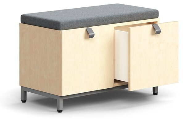 AJ Produkty Lavice s úložným prostorem QBUS, šedý podsedák, 2 zásuvky, nohy, úchytky, 534x800x420 mm, stříbrná