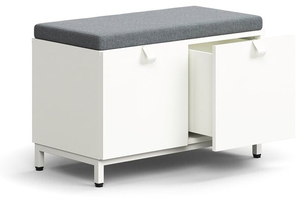AJ Produkty Lavice s úložným prostorem QBUS, šedý podsedák, 2 zásuvky, nohy, úchytky, 534x800x420 mm, bílá