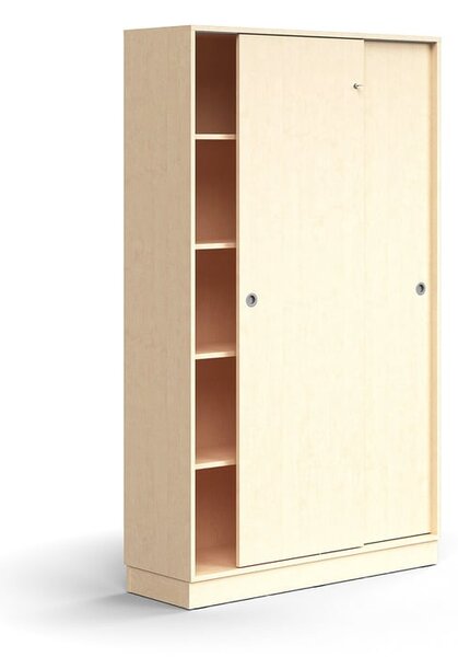 AJ Produkty Skříň s posuvnými dveřmi QBUS, 4 police, sokl, úchytky, 2020x1200x400 mm, bříza