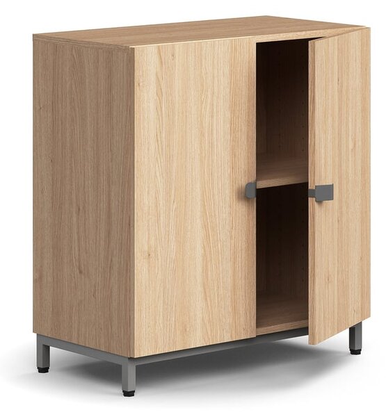 AJ Produkty Policová skříň QBUS, 1 police, nohy, úchytky, 868x800x420 mm, stříbrná, dub