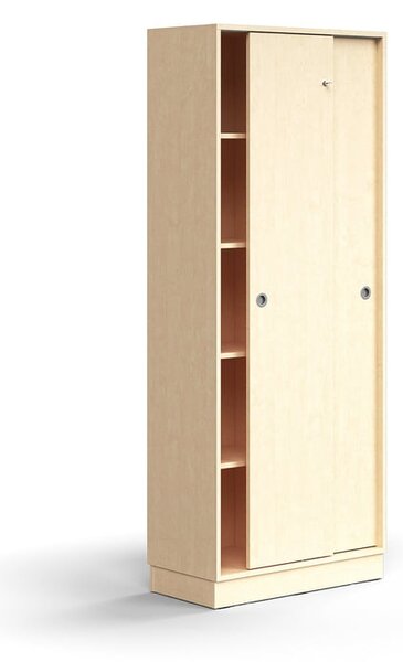 AJ Produkty Skříň s posuvnými dveřmi QBUS, 4 police, sokl, úchytky, 2020x800x400 mm, bříza
