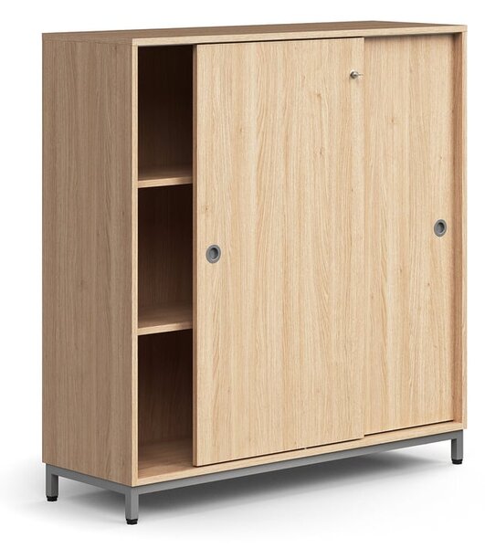 AJ Produkty Skříň s posuvnými dveřmi QBUS, 2 police, nohy, úchytky, 1252x1200x400 mm, stříbrná, dub