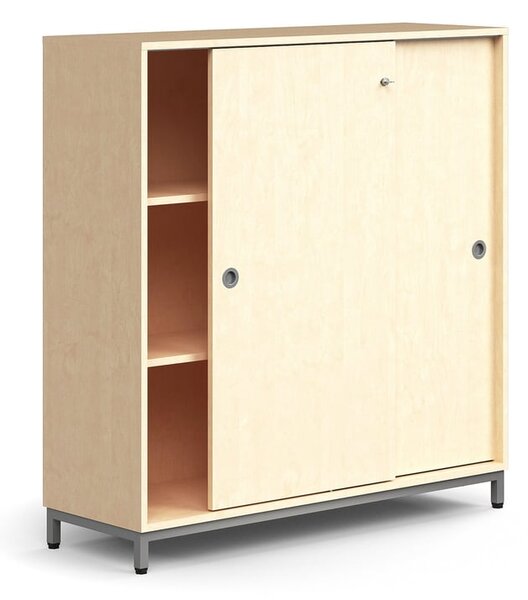 AJ Produkty Skříň s posuvnými dveřmi QBUS, 2 police, nohy, úchytky, 1252x1200x400 mm, stříbrná, bříza