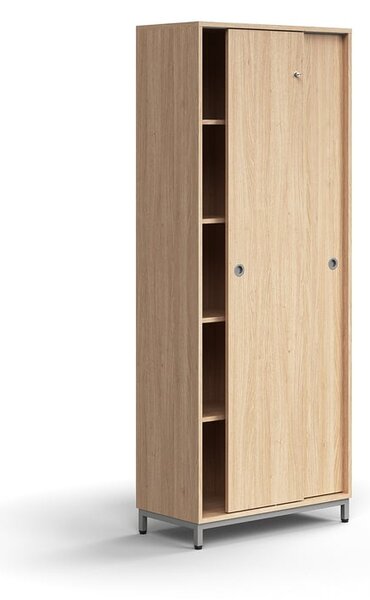 AJ Produkty Skříň s posuvnými dveřmi QBUS, 4 police, nohy, úchytky, 2020x800x400 mm, stříbrná, dub