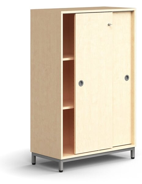 AJ Produkty Skříň s posuvnými dveřmi QBUS, 2 police, nohy, úchytky, 1252x800x400 mm, stříbrná, bříza