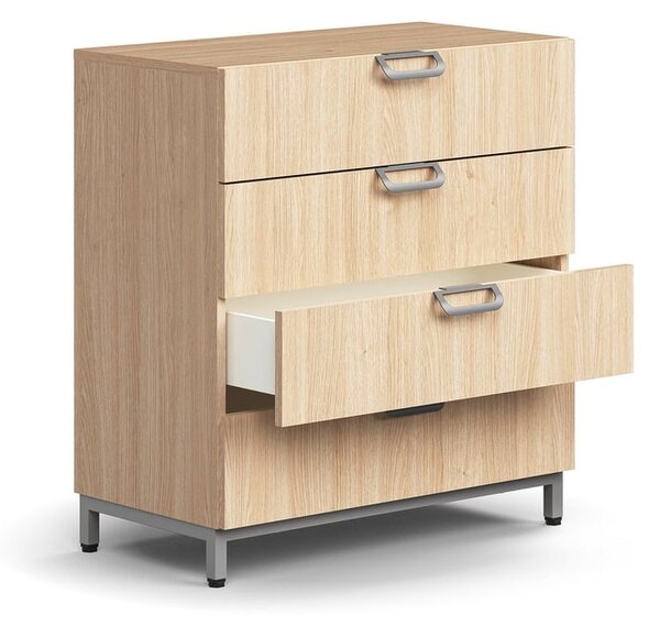 AJ Produkty Skříňka se zásuvkami QBUS, 4 zásuvky, nohy, otevřené úchytky, 868x800x400 mm, stříbrná, dub