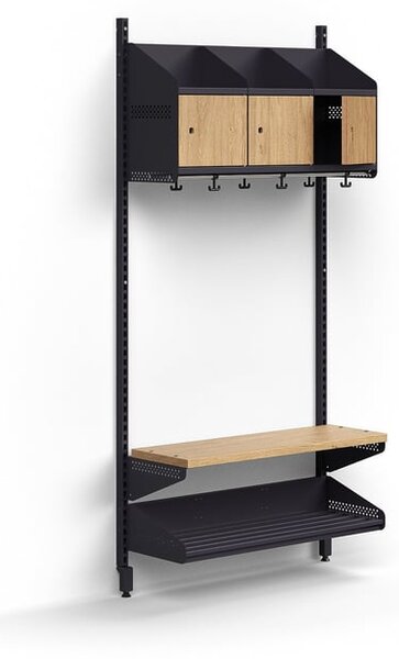 AJ Produkty Šatní stěna ENTRY, nástěnná, lavice, 3 dřevěná dvířka, 1800x900x300 mm, antracitová/dub