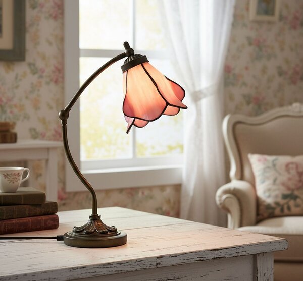 Stolní lampa Tiffany s růžovým stínidlem květ Bloom - 26*19*50 cm - Clayre & Eef