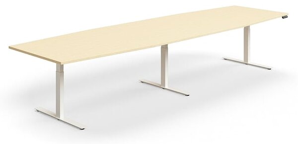 AJ Produkty Jednací stůl QBUS, výškově nastavitelný, ve tvaru sudu, 4000x1200 mm, bílá podnož, bříza