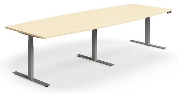 AJ Produkty Jednací stůl QBUS, výškově nastavitelný, ve tvaru sudu, 3200x1200 mm, stříbrná podnož, bříza