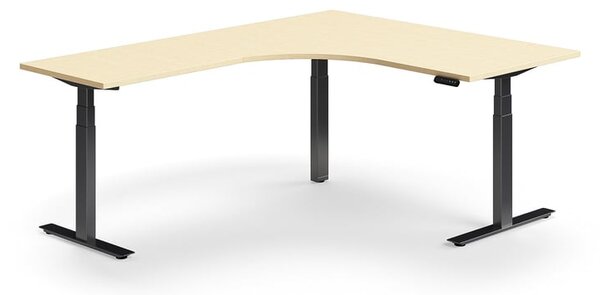 AJ Produkty Výškově nastavitelný stůl QBUS, rohový, 1600x2000 mm, černá podnož, bříza