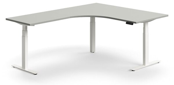 AJ Produkty Výškově nastavitelný stůl QBUS, rohový, 1600x2000 mm, bílá podnož, světle šedá