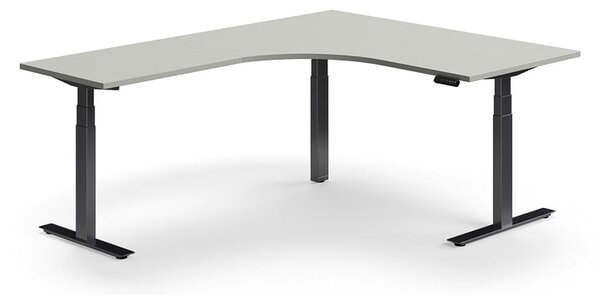 AJ Produkty Výškově nastavitelný stůl QBUS, rohový, 1600x2000 mm, černá podnož, světle šedá