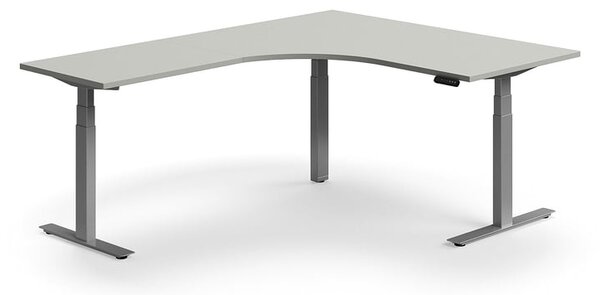 AJ Produkty Výškově nastavitelný stůl QBUS, rohový, 1600x2000 mm, stříbrná podnož, světle šedá