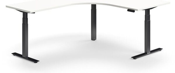 AJ Produkty Výškově nastavitelný stůl QBUS, rohový, 1600x2000 mm, černá podnož, bílá