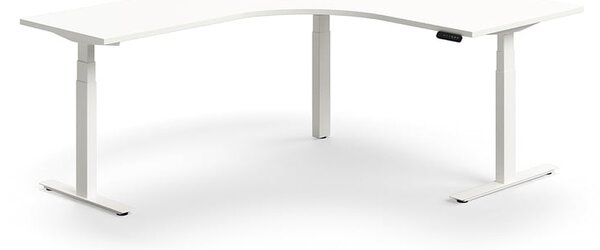 AJ Produkty Výškově nastavitelný stůl QBUS, rohový, 1600x2000 mm, bílá podnož, bílá