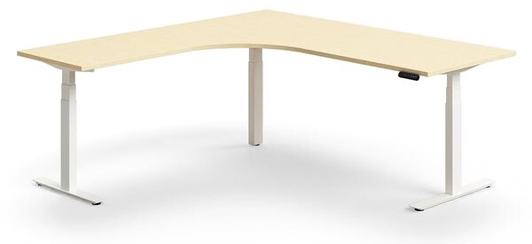 AJ Produkty Výškově nastavitelný stůl QBUS, rohový, 2000x2000 mm, bílá podnož, bříza