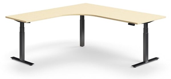 AJ Produkty Výškově nastavitelný stůl QBUS, rohový, 2000x2000 mm, černá podnož, bříza