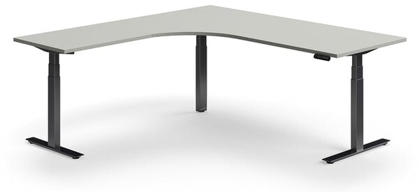 AJ Produkty Výškově nastavitelný stůl QBUS, rohový, 2000x2000 mm, černá podnož, světle šedá