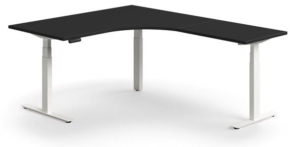 AJ Produkty Výškově nastavitelný stůl QBUS, rohový, 1600x2000 mm, bílá podnož, černá