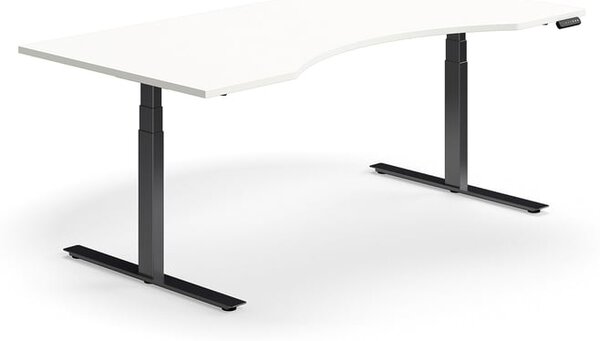 AJ Produkty Výškově nastavitelný stůl QBUS, vykrojený, 2000x1000 mm, černá podnož, bílá