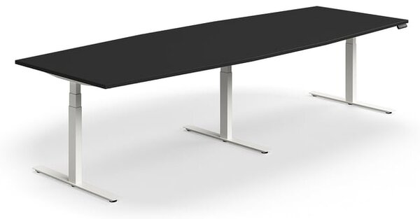 AJ Produkty Jednací stůl QBUS, výškově nastavitelný, 3200x1200 mm, tvar člunu, bílá podnož, černá