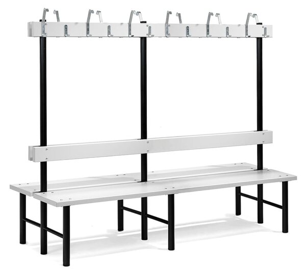 AJ Produkty Šatní lavice s věšákem STADIUM, oboustranná, 24 háčků, 2000 mm, šedá