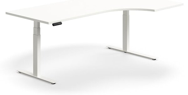 AJ Produkty Výškově nastavitelný stůl QBUS, rohový, 2000x1200 mm, bílá podnož, bílá