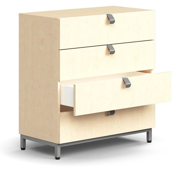 AJ Produkty Skříňka se zásuvkami QBUS, 4 zásuvky, nohy, úchytky, 868x800x400 mm, stříbrná, bříza