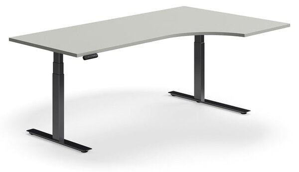 AJ Produkty Výškově nastavitelný stůl QBUS, rohový, 2000x1200 mm, černá podnož, světle šedá