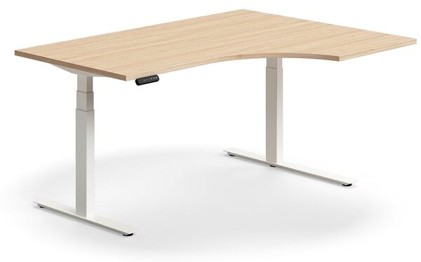 AJ Produkty Výškově nastavitelný stůl QBUS, rohový, 1600x1200 mm, bílá podnož, dub