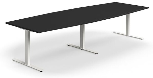 AJ Produkty Jednací stůl QBUS, T-nohy, 3200x1200 mm, tvar člunu, bílá podnož, černá