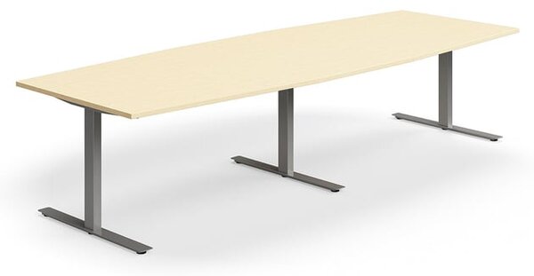 AJ Produkty Jednací stůl QBUS, T-nohy, 3200x1200 mm, tvar člunu, stříbrná podnož, bříza