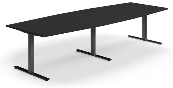 AJ Produkty Jednací stůl QBUS, T-nohy, 3200x1200 mm, tvar člunu, černá podnož, černá