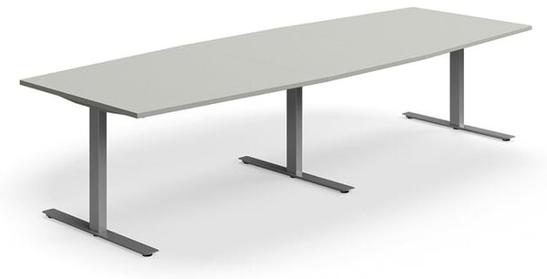 AJ Produkty Jednací stůl QBUS, T-nohy, 3200x1200 mm, tvar člunu, stříbrná podnož, světle šedá