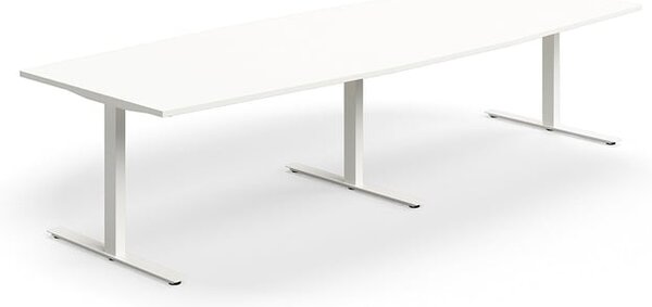AJ Produkty Jednací stůl QBUS, T-nohy, 3200x1200 mm, tvar člunu, bílá podnož, bílá